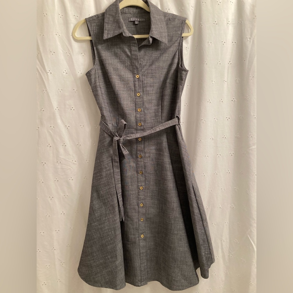 Sharagano Blue/gray Sleeveless Shirtdress, Gold Buttons, Pockets, Belt, Midi, 8